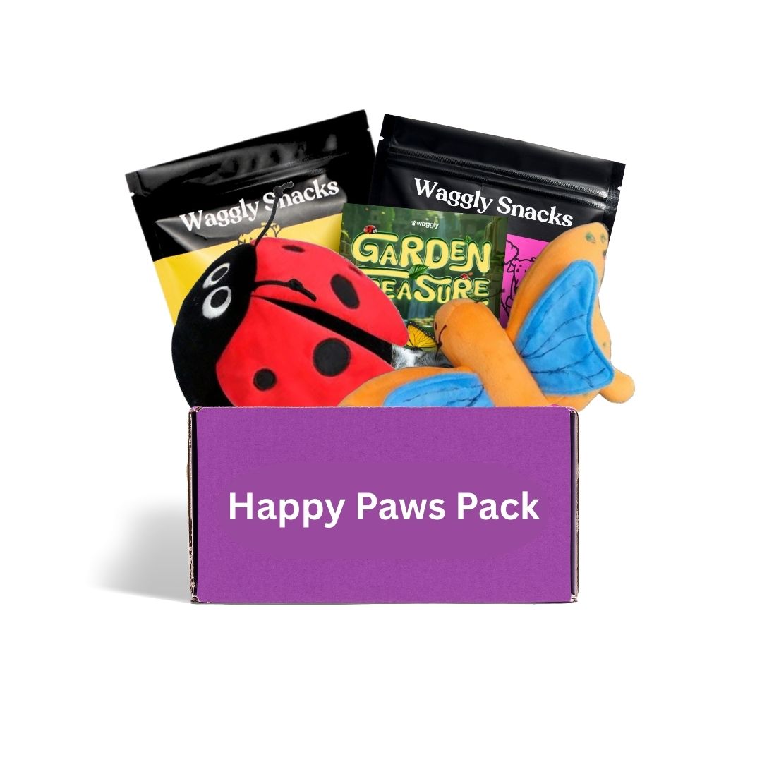 Monthly dog box Australia - garden themed plush toys and treats for dogs who love cuddles