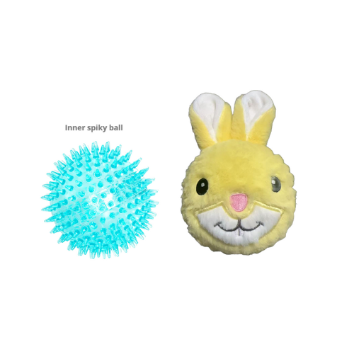 Waggly 2-in-1 Spiky Bunny Ball Dog Toy - soft outer layer with spiky squeaker ball