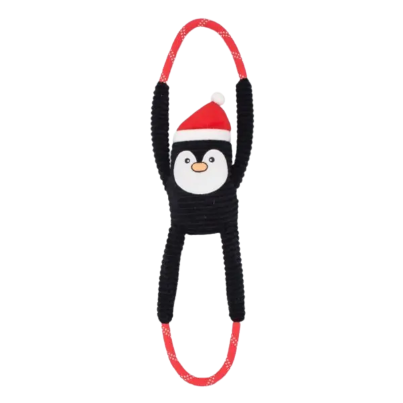 ZippyPaws Holiday RopeTugz Penguin Dog Toy - festive rope tug toy with squeaker