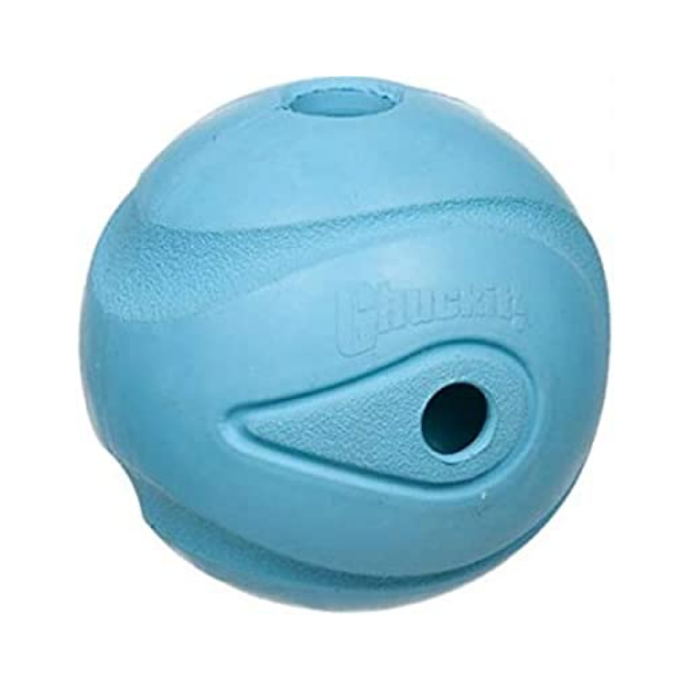 Blue rubber ball with holes on a white background