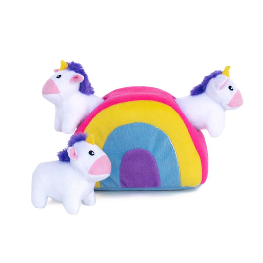 Plush toy with a rainbow and unicorns on a white background