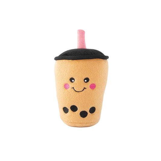 Plush toy resembling a bubble tea cup with a smiley face on a white background