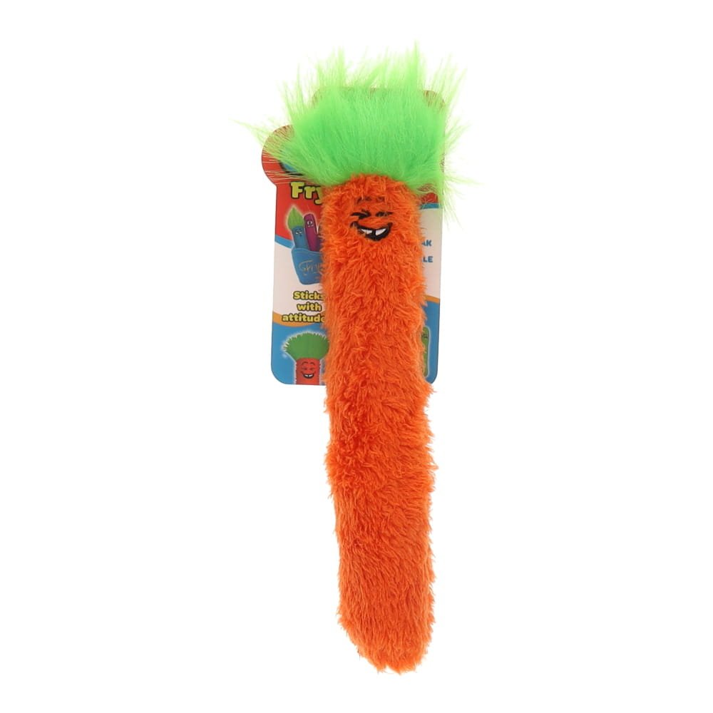 Plush carrot-shaped toy with green top on a white background