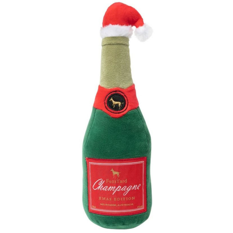 FuzzYard Champagne Xmas Edition Plush Dog Toy - festive champagne squeaker toy
