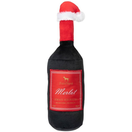 FuzzYard Merlot Xmas Edition Dog Toy - festive wine bottle squeaker toy
