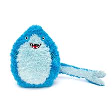 Blue plush shark toy on a white background