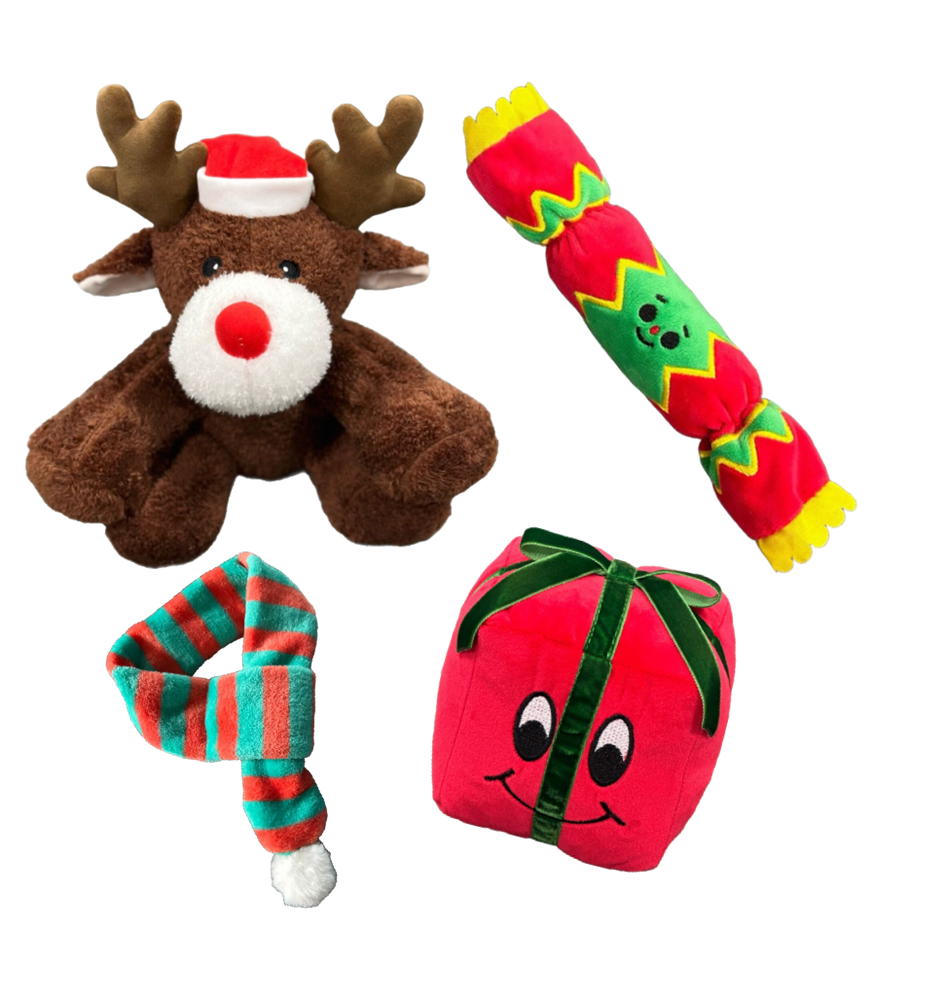 Happy Paws Holiday Cheer Plush Dog Toy Pack - 3 Christmas plush toys and scarf