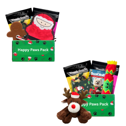 Happy Paws Howl-iday Cuddle & Play Bundle - 2 Christmas boxes with plush toys and treats
