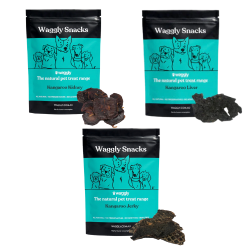 Waggly Snacks Bundle with Roo Dog Treats - kangaroo kidney, jerky, and liver treats