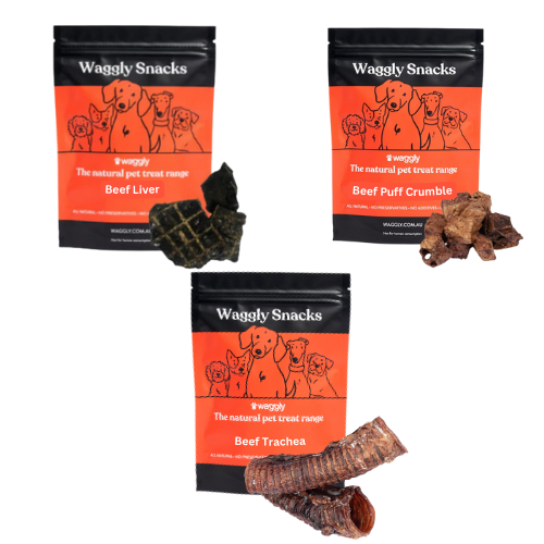 Waggly Snacks Bundle with Beef Dog Treats - beef trachea, liver, and puff treats