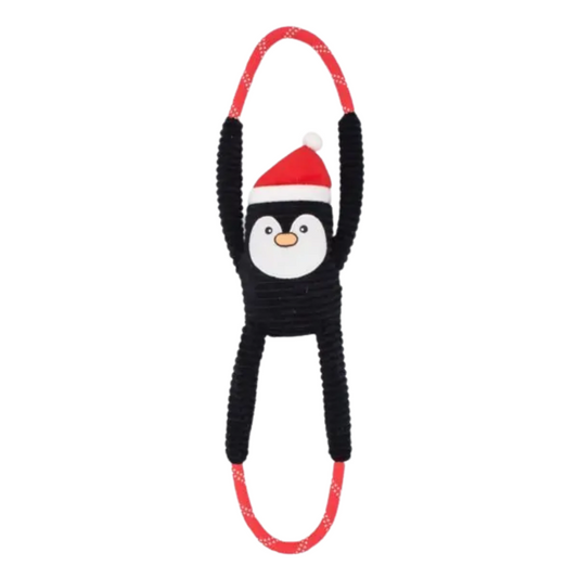 ZippyPaws Holiday RopeTugz Penguin Dog Toy - festive rope tug toy with squeaker
