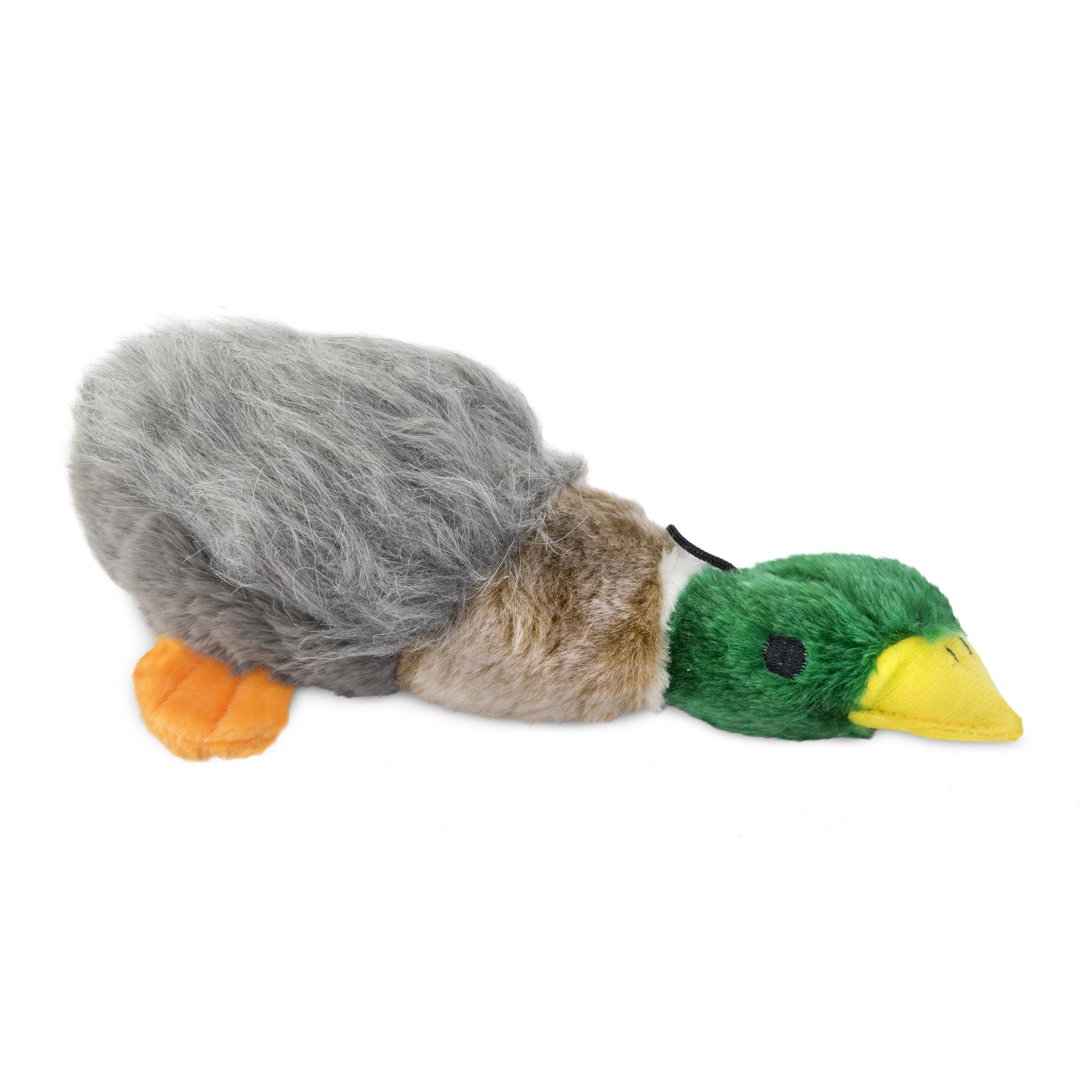 Plush toy resembling a duck with gray body, green head, and yellow beak on a white background