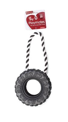 Dog toy with tire and rope, branded 'Playmates', on a white background
