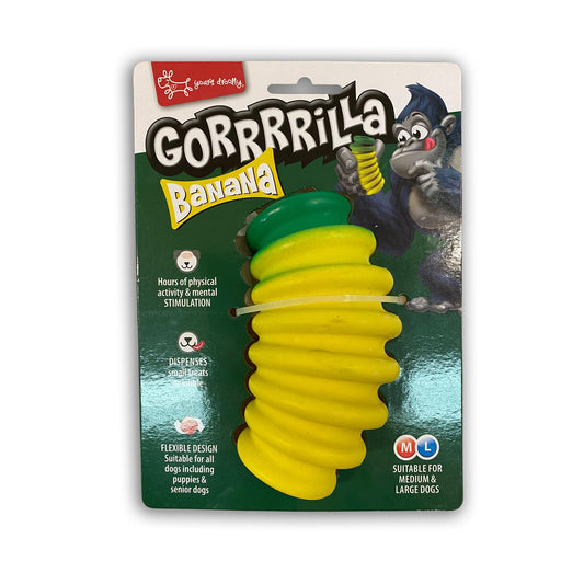 Gorrrilla Banana dog toy packaging with cartoon gorilla on a white background
